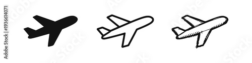 Airplane icon set in flat, line, and doodle styles. Aircraft, travel, flight symbol vector illustration.
