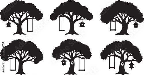 Black Solid Backyard Oak Tree Silhouettes Set of Six