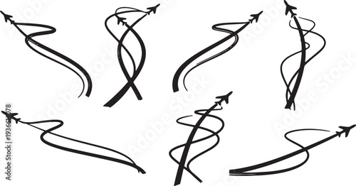 Black Solid Aviation Flight Light Trail Silhouettes Set of Six on White Background