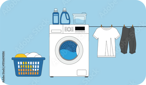 Laundry washing machine with clothes basket detergent and drying clothes flat vector illustration