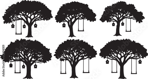 Black Solid Backyard Oak Tree Silhouettes Set of Six