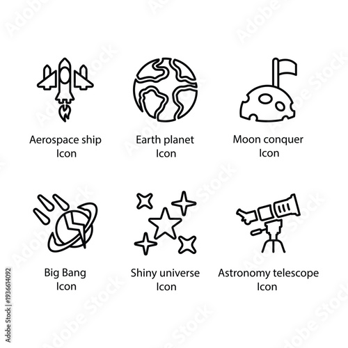 Aerospace ship, Earth planet, Moon conquer, Big Bang, Shiny universe, Astronomy telescope, icon
