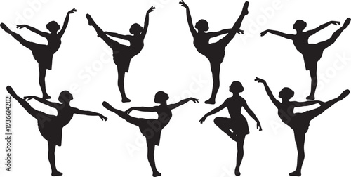 Black Solid Ballet Arabesque Extension Silhouettes Set of Six on White Background