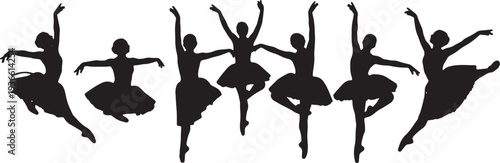 Black Solid Ballet Assemble Sissonne Silhouettes Set of Six on White Background