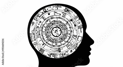 Abstract representation of a human mind filled with complex circular patterns and symbols, suggesting thought or knowledge.
