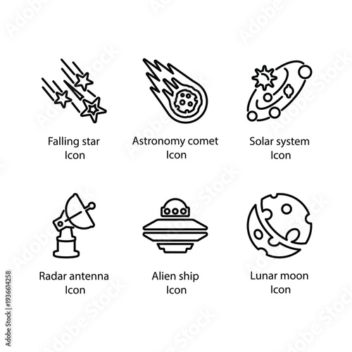 Falling star, Astronomy comet, Solar system, Radar antenna, Alien ship, Lunar moon, icon