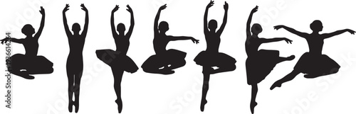 Black Solid Ballet Assemble Sissonne Silhouettes Set of Six on White Background