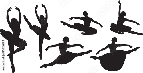 Black Solid Ballet Assemble Sissonne Silhouettes Set of Six on White Background