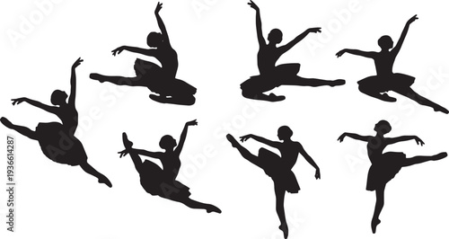 Black Solid Ballet Attitude Alignment Silhouettes Set of Six on White Background