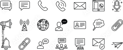 Collection of various communication and social media icons in a simple line style