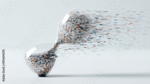 Abstract glass hourglass with particles dissolving into digital data stream