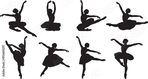 Black Solid Ballet Attitude Alignment Silhouettes Set of Six on White Background