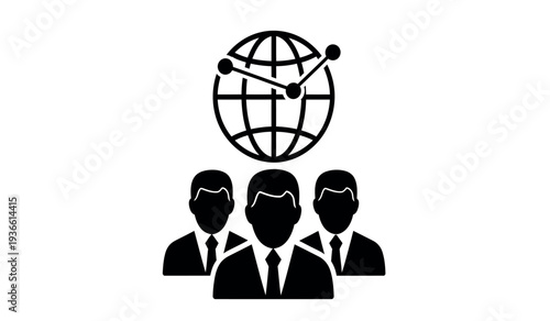 Black silhouette of three businessmen with a globe and clock above them