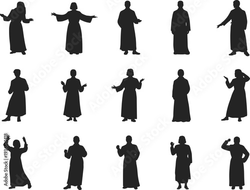 Priest and religious preacher silhouettes set with clergy speaking, praying and teaching poses isolated on white background