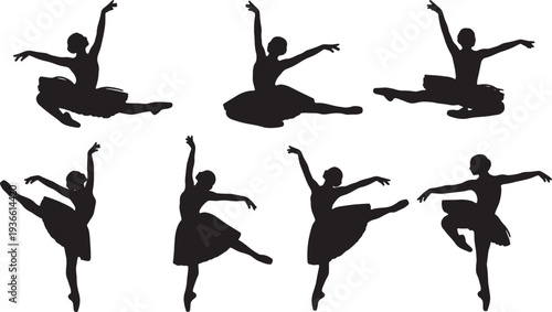 Black Solid Ballet Brise Cabriole Silhouettes Set of Six on White Background