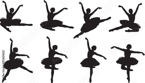 Black Solid Ballet Brise Cabriole Silhouettes Set of Six on White Background
