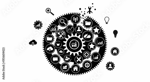 Intricate network of interconnected icons representing technology and data flow