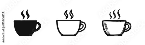 Hot coffee cup icon set in flat, line, and doodle styles. Steaming mug, warm drink symbol vector.