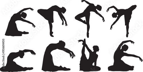 Black Solid Ballet Cambre Alignment Silhouettes Set of Six on White Background