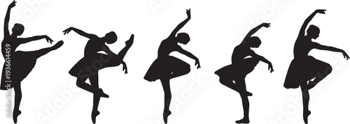 Black Solid Ballet Cambre Arch Silhouettes Set of Six on White Background
