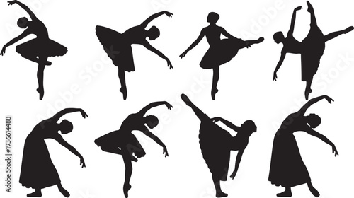 Black Solid Ballet Cambre Bend Silhouettes Set of Six on White Background