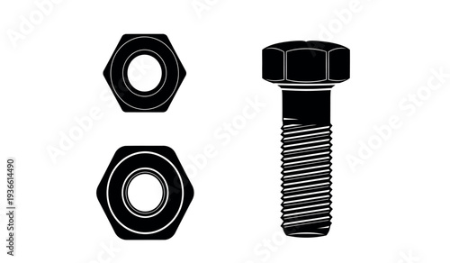Black and white illustration of a bolt and two nuts