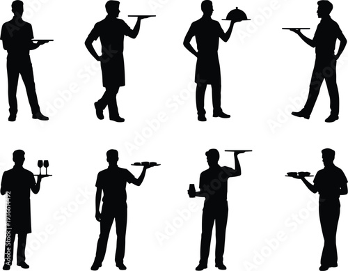 Restaurant waiter and server silhouettes set with tray service, food and drink serving poses for hospitality and catering staff