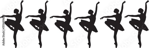 Black Solid Ballet Developpe Balance Silhouettes Set of Six on White Background