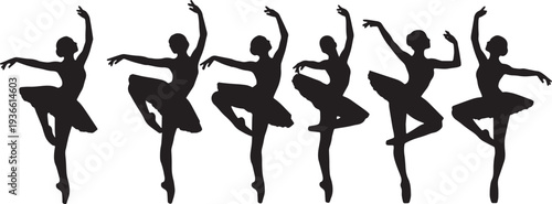 Black Solid Ballet Developpe Balance Silhouettes Set of Six on White Background