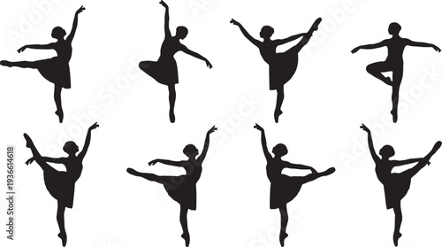 Black Solid Ballet Developpe Balance Silhouettes Set of Six on White Background
