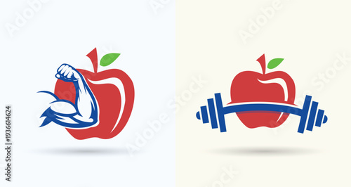 Apple Barbell and Bicep Logo for Healthy Nutrition Fitness Brand
