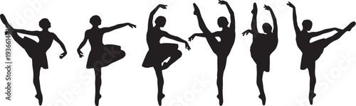 Black Solid Ballet Developpe Silhouettes Set of Six on White Background