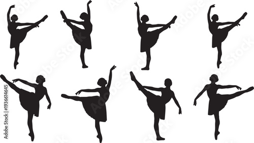 Black Solid Ballet Developpe Silhouettes Set of Six on White Background