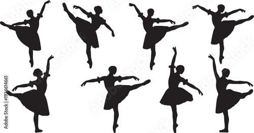 Black Solid Ballet Glissade Jete Silhouettes Set of Six on White Background