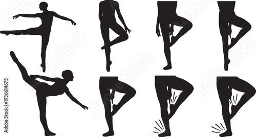 Black Solid Ballet Footwork Silhouettes Set of Six on White Background