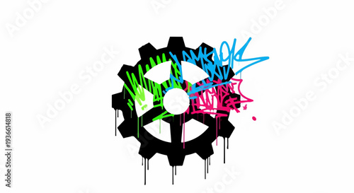 Industrial gear artwork with vibrant graffiti splashes and drips on a white background