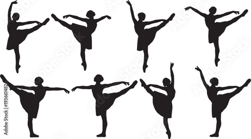 Black Solid Ballet Kick Extensions Silhouettes Set of Six on White Background