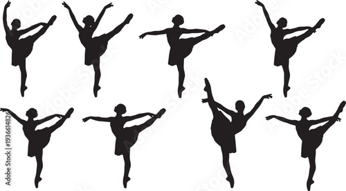 Black Solid Ballet Kick Extensions Silhouettes Set of Six on White Background