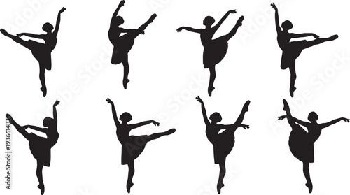 Black Solid Ballet Kick Extensions Silhouettes Set of Six on White Background