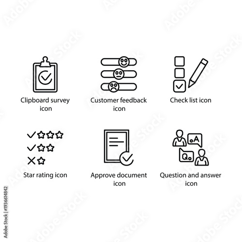 Clipboard survey, Customer feedback, Check list, Star rating, Approve document, Question and answer, icon