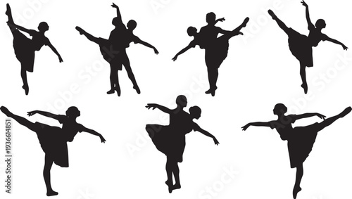 Black Solid Ballet Pas De Deux Silhouettes Set of Six on White Background