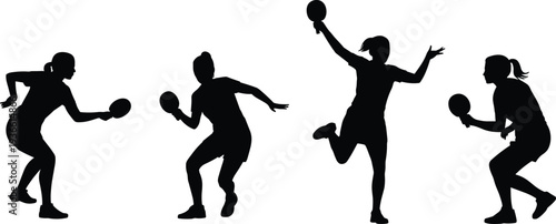 Silhouette set of female table tennis players in action poses isolated on white background, ping pong sport movement collection illustration