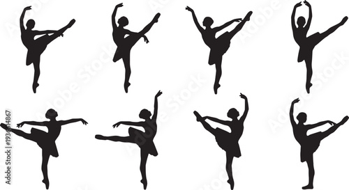Black Solid Ballet Kick Extensions Silhouettes Set of Six on White Background