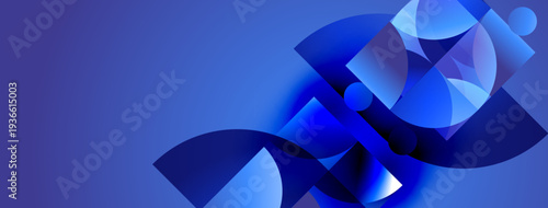 Abstract blue shapes overlap, creating dynamic composition. Gradient shades suggest depth, modern design aesthetic.