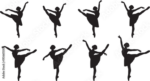 Black Solid Ballet Penche Balance Silhouettes Set of Six on White Background