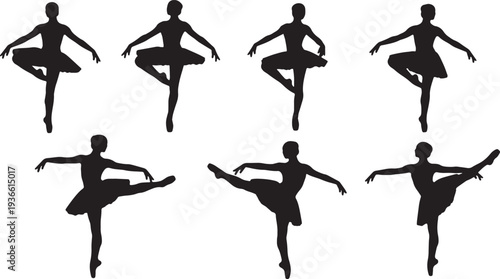 Black Solid Ballet Passe Developpe Silhouettes Set of Six on White Background