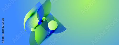 Abstract design features flowing shapes, vibrant green, blue hues. Spheres interweave with translucent petals creating dynamic composition.