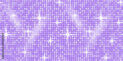 Disco pink glitter with background violet sequin and texture backdrop purple. Glam dance tile with pattern ball party and rose seamless mosaic. Retro sparkle disco with neon vector background.