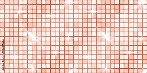 Disco glitter sequin for background gold texture and backdrop glam dance. Tile pattern ball for party rose seamless and mosaic retro sparkle. Disco neon vector for background iridescent light