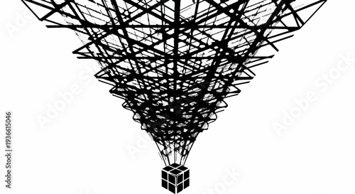 Intricate abstract network converges into a small cube, representing complexity and data flow.